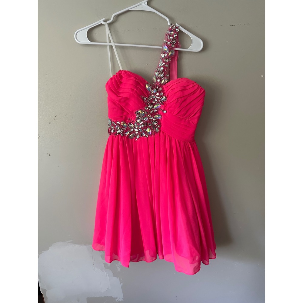 Y2K Deb Neon Pink One Shoulder Rhinestone Chiffon Homecoming Dress Size 5/6